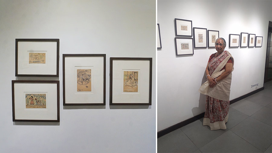 (Left) Letters from Nandadadu to Ratnaboli 'Babli' Ghosh. (Right) Ratnaboli Ghosh at the exhibition