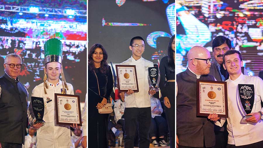 Some of the key awards of the night were (L-R) APIU Global Sustainability PowerPoint Presentation Award (Quentin Marie Dufournet from France), Late Shakuntala Devi Award for Best Vegetarian Dish (Chong Jia De from Singapore) and Dr. Suborno Bose Challenge (Gor Avetisyan from Armenia) 