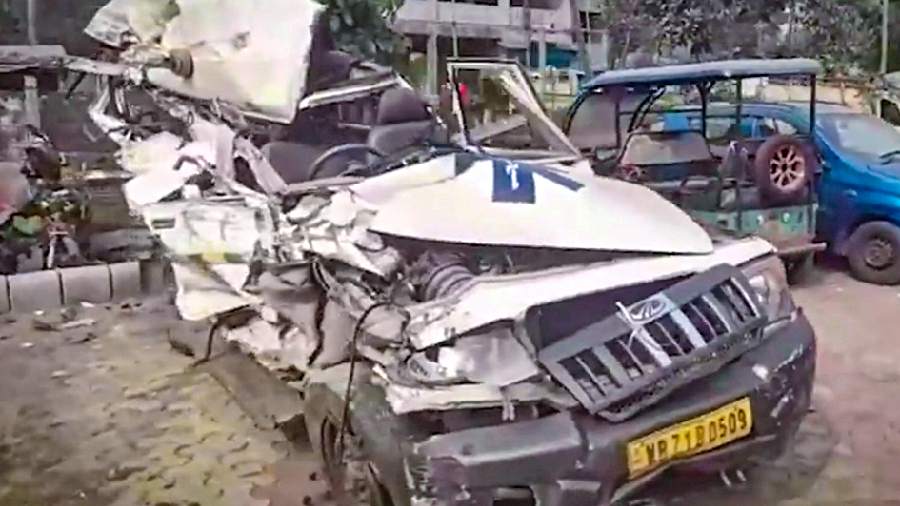 The mangled ambulance in Siliguri on Monday