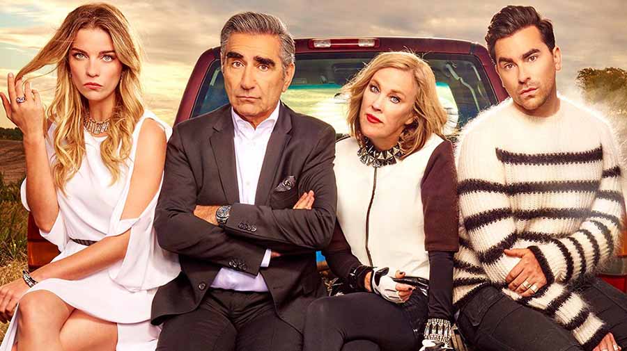 The Rose Family from Schitt’s Creek. (L-R): Annie Murphy as Alexis Rose, Eugene Levy as Johnny Rose, Catherine O'Hara as Moira Rose, and Daniel Levy as David Rose.