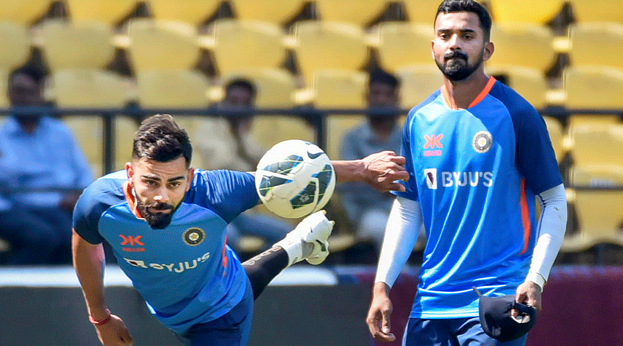 Virat Kohli (left) and KL Rahul during a practice session in Nagpur on Tuesday ahead of the Test against Australia.