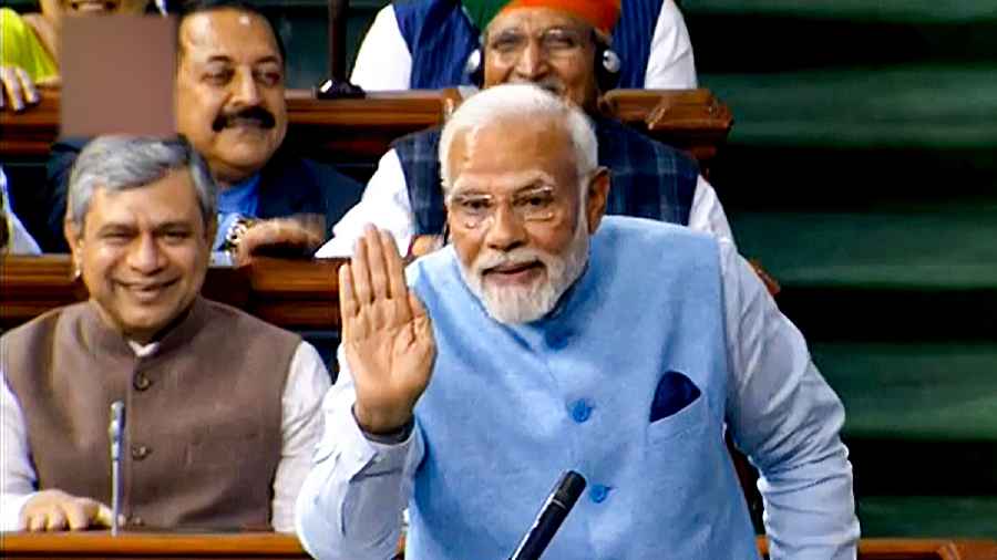 Prime Minister Narendra Modi replies to the Motion of Thanks on the President's address in the Lok Sabha during Budget Session of Parliament, in New Delhi