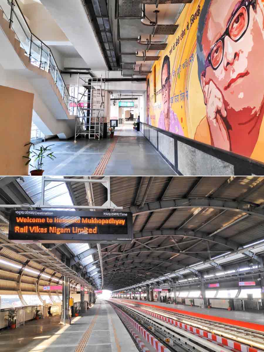 Interior glimpses of the Hemanta Mukhopadhyay Metro railway station at Ruby Hospital crossing. Trial run between the Hemanta Mukhopadhyay and New Garia Metro stations was conducted some time back. The commercial services in this route may start by the end of February
