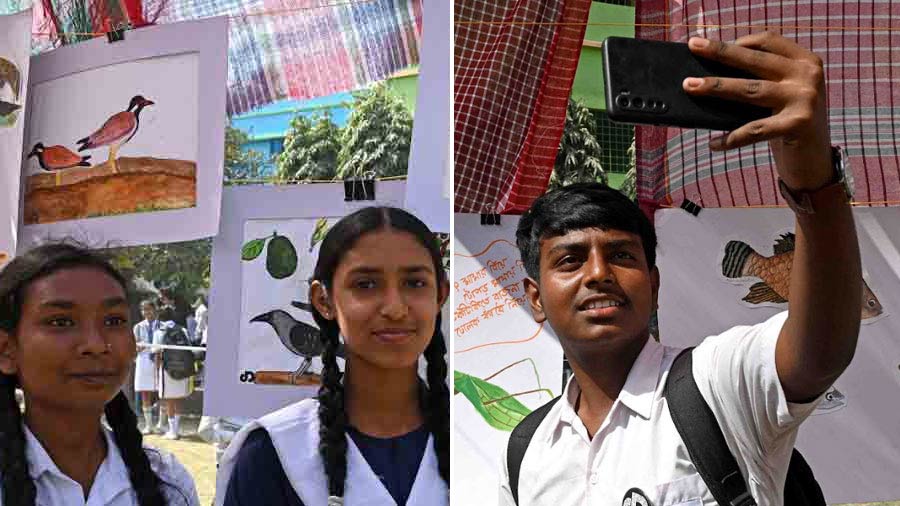 While (left) Mandira Das and Purba Munda drew a guava tree, (right) Kishan Mondal drew a dialogue between a dragonfly and a grasshopper. “This fair has been a great place for us to express the green diversity that surrounds us,” said the Class IX students of Bamanghata High School