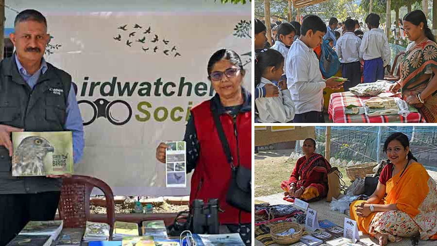 (Right) Representatives from Birdwatchers’ Society shared the joys of birdwatching. The fair at Kheadaha High School had several interesting pop-ups. (right top) Disappearing Dialogues had its own initiative called DD Dokan selling tote bags, pillow covers, scrunchies and postcards made by women and children from the wetlands to help support the community. (bottom) Namita Naskar, whose daughter Nibedita studies in Class XII at Bamanghata High School, supported the cause by preparing pithe puli for the students with fresh gur sourced from her backyard. 