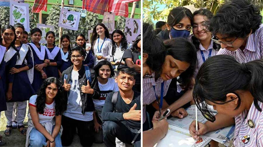 The event also served as a bridge between students from city schools with students from Bamanghata and Kheadaha. (left) While students from Calcutta International School were amazed at the artistic exhibit by the locals, (right) students from Modern High School huddled together to create pattachitra artwork depicting human incursion on nature