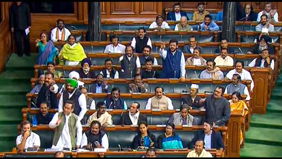 Opposition members during Prime Minister Narendra Modi replies to the Motion of Thanks on the President's address in the Lok Sabha, in New Delhi