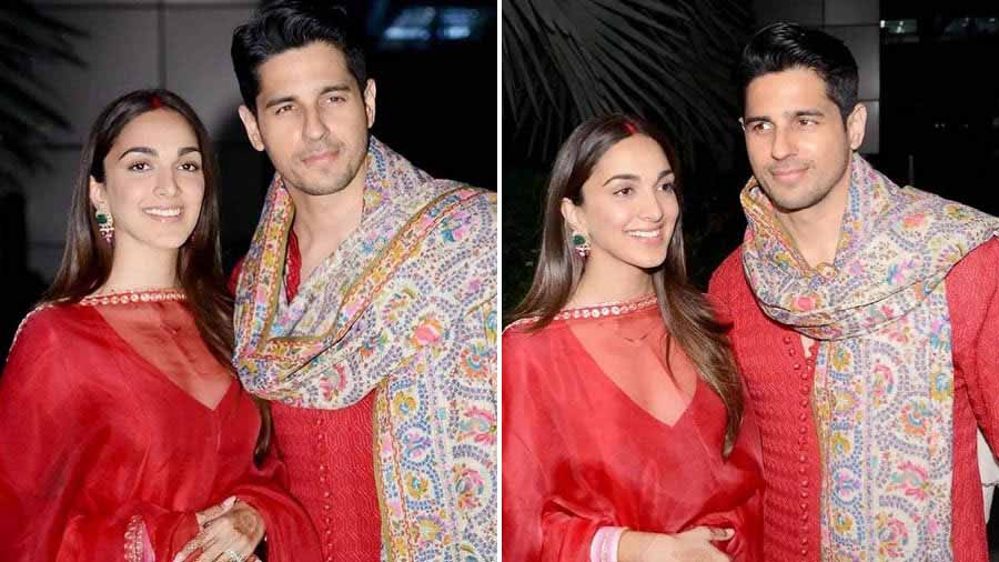 Newly-married couple Sidharth Malhotra and Kiara Advani are a royal display  of ethnic style in red Manish Malhotra ensembles as they arrive in Delhi :  Bollywood News - Bollywood Hungama