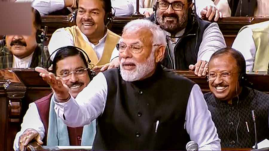 Prime Minister Narendra Modi replies to the Motion of Thanks on the President's address in the Rajya Sabha during Budget Session of Parliament, in New Delhi
