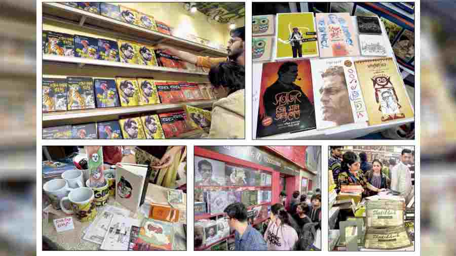 Books and merchandise on Satyajit Ray on  sale in various stalls at the Book Fair.