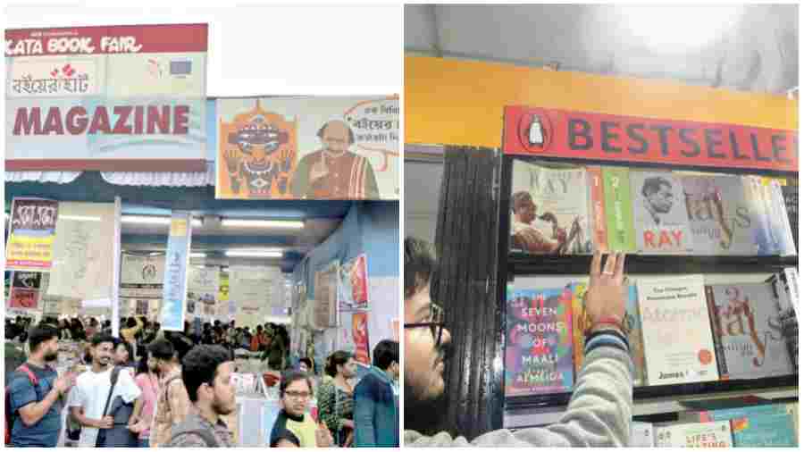 Satyajit Ray is the inspiration behind the banner of the Little Magazine corner. (Right) Ray titles at a stall. 