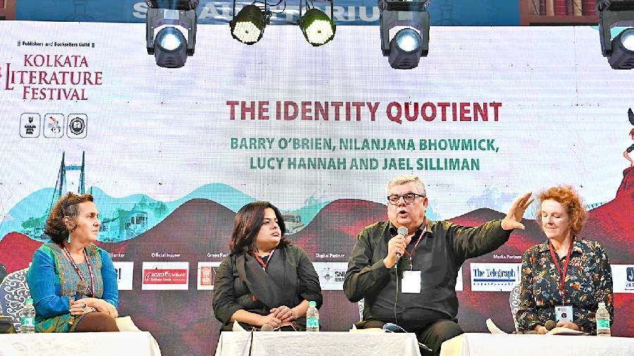 (From left) Jael Silliman, Nilanjana Bhowmick, Barry O’Brien and Lucy Hannah in conversation at the Kolkata Literature Festival at Salt Lake’s Central Park on Thursday evening