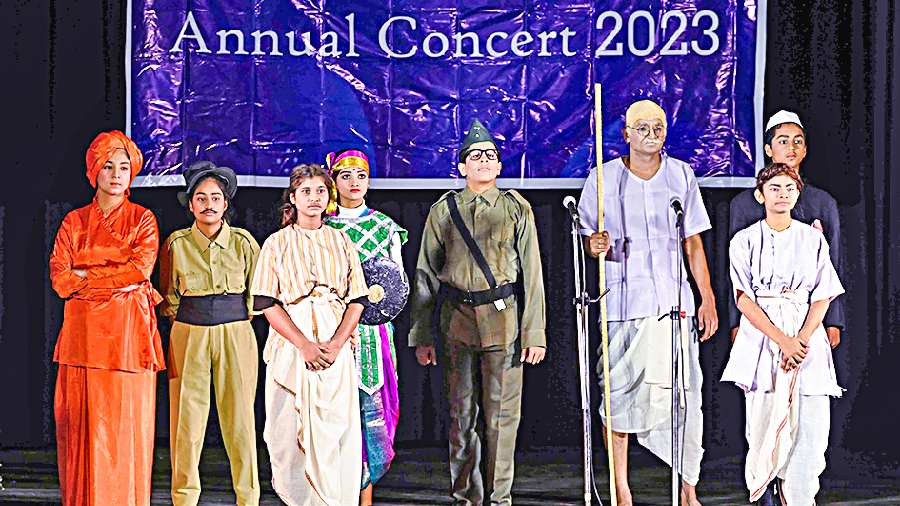 Nazeefa Bilal (extreme left) and other students dressed as famous historical figures at the annual concert of St Stephen’s School