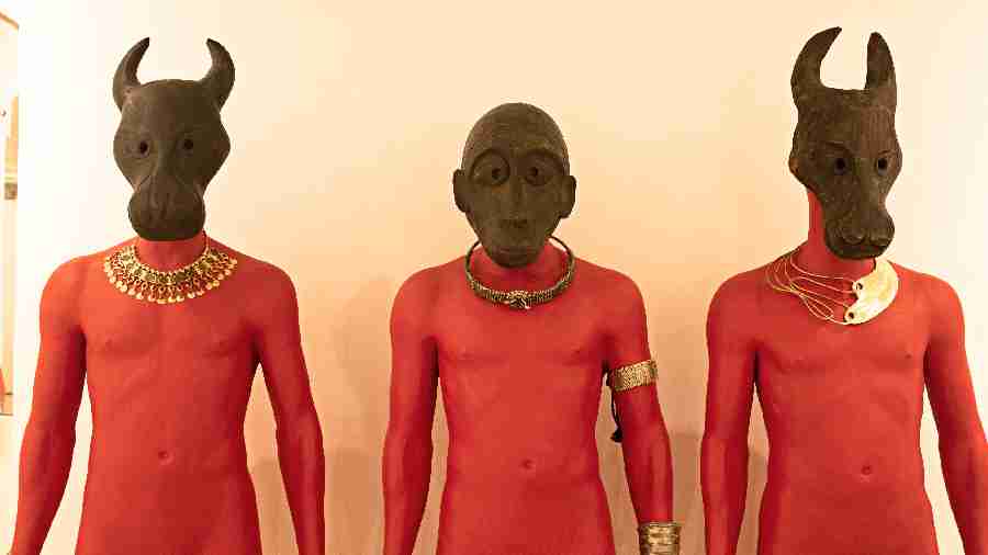 Sculptures from Kumartuli and masks from Naxalbari give the space a different narrative.