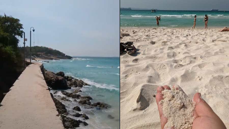 The walkway to Tien Beach and (right) the powdery sands of the beaches of Koh Larn