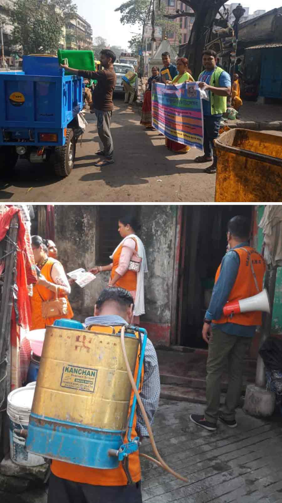 Following its cleanliness campaign across the city, Kolkata Municipal Corporation (KMC) workers sprinkled disinfectants and removed garbage on Friday