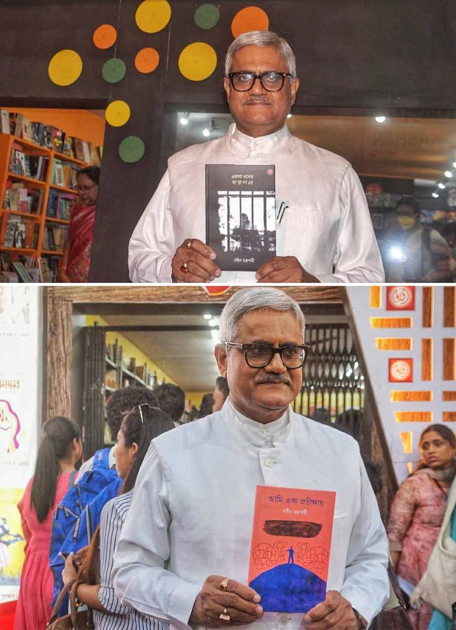 Interventional cardiologist Rabin Chakraborty with his just-released books, 'Ekla Moner Karagare' and 'Ami Eka Pratikshay', at the 46th International Kolkata Book Fair on Friday, February 10