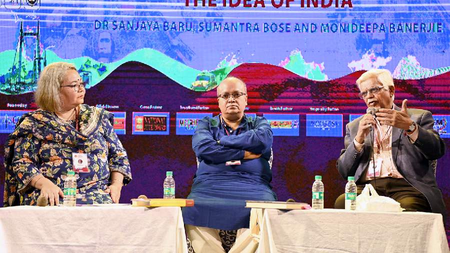 rom left) Monideepa Banerjee, Sumantra Bose and Sanjaya Baru at the panel discussion at the Kolkata Literature Festival on Friday