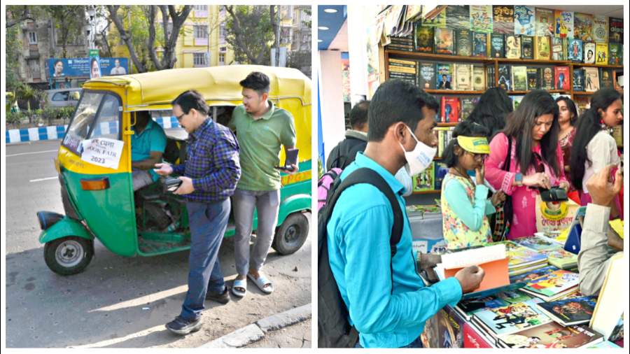 An auto drops passengers on their way to the Book Fair near the Karunamoyee bus stand on Friday (left); A stall at the Book Fair on Friday 