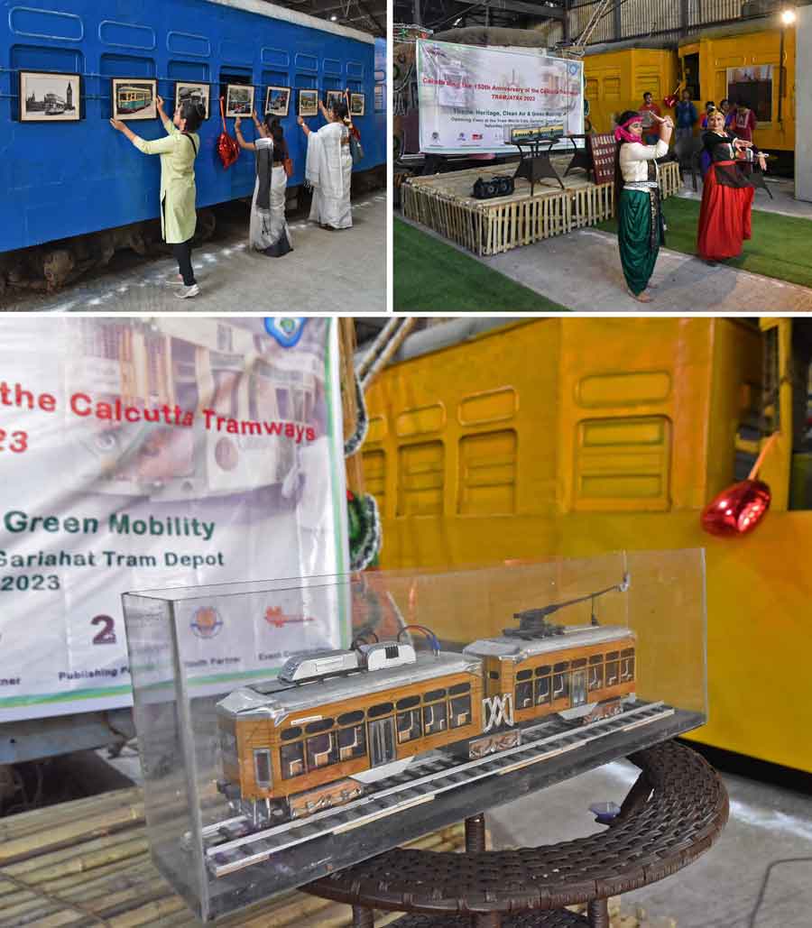 Scenes from the opening programme of Tramjatra 2023, a celebration of 150 years of Calcutta Tramway at Tram World Cafe, Gariahat Tram Depot. Photos of trams over the years have been put up at the event. A cultural performance in progress. A tram model on display. Rajanvir Singh Kapur, IAS, MD, WBTC; Daniel Sim, deputy consul general, Australia and Manfred Auster, consul general, Germany, were present at the event