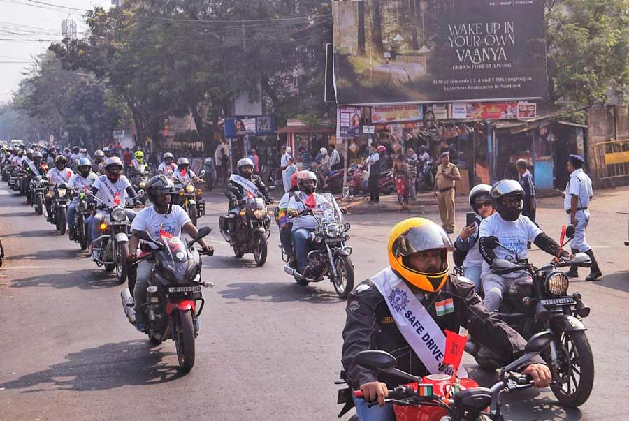 A bike rally, organised by Jadavpur Traffic Police to mark Road Safety Week, in progress on Saturday morning .Altogether, 100 bikers and police officials participated in the rally that began near South City Mall 