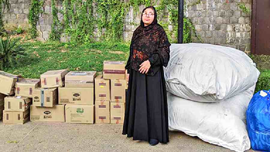 Amina Khatoon with her donations at the Turkish embassy in New Delhi