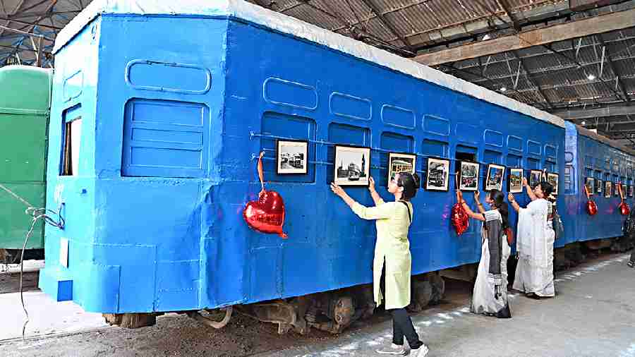 A tram being decorated at the Gariahat Tram Depot on Saturday. 