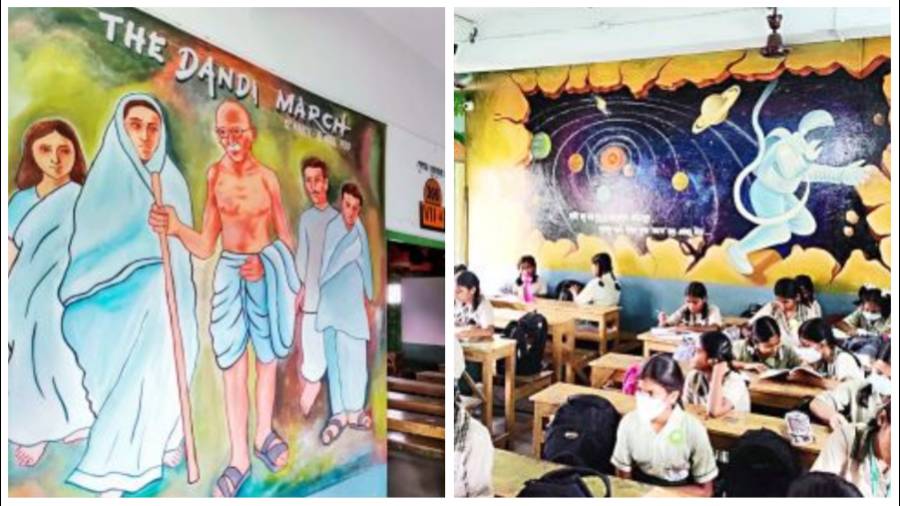 Paintings on the walls along a corridor and (right) in one of the classrooms