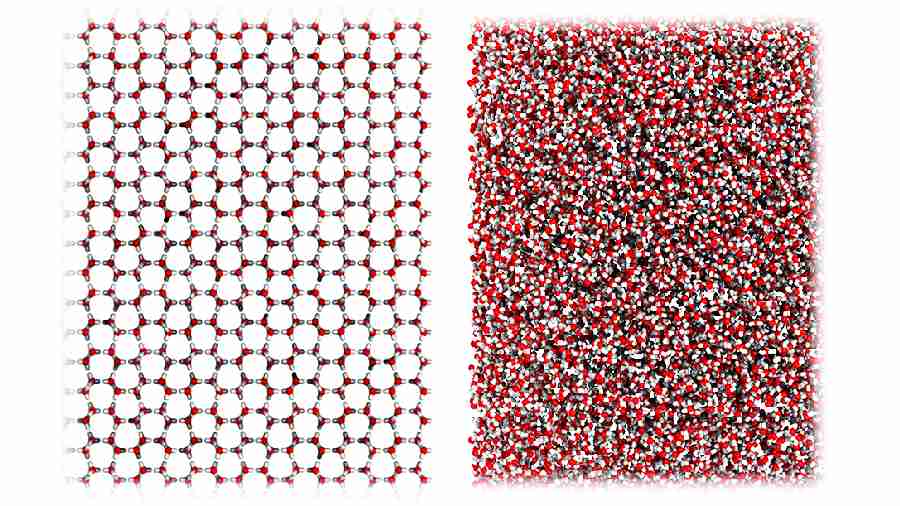 The molecular structures of ordinary crystalline ice and medium-density amorphous ice