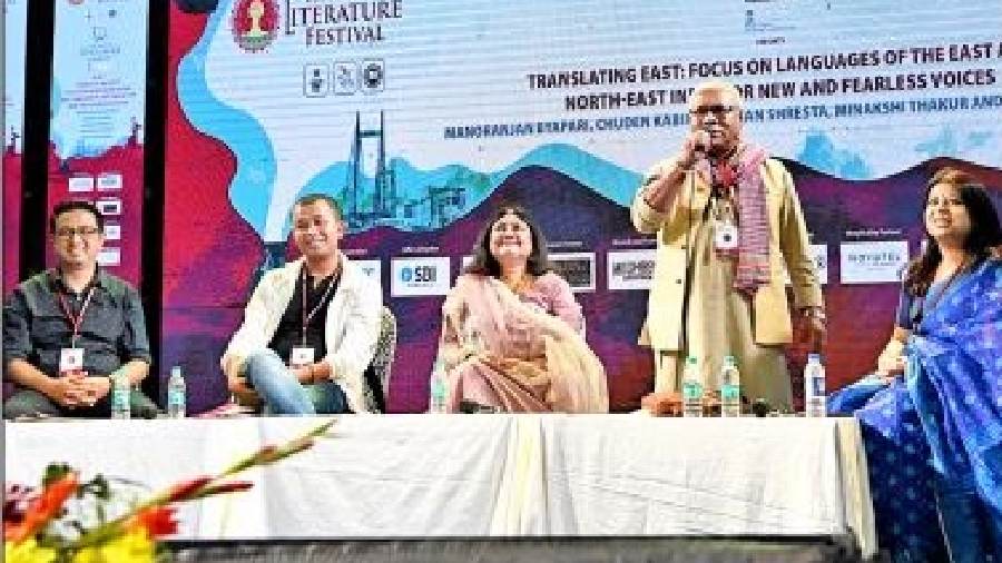 (From left) Raman Shresta, Chuden Kabimo, Minakshi Thakur, Manoranjan Byapari and Esha Chatterjee at the Kolkata Literature Festival at Central Park in Salt Lake on Saturday