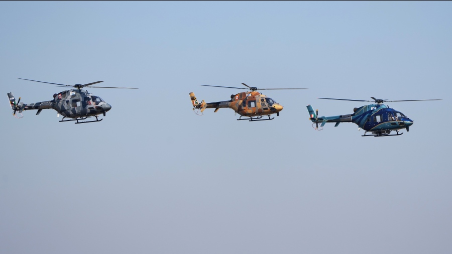 Indian Air Force's light utility helicopters during the event. Defence Research and Development Organisation-developed Medium Altitude Long Endurance class unmanned aerial vehicle TAPAS-BH (Tactical Aerial Platform for Advanced Surveillance - Beyond Horizon) will make its flying debut at Aero India.