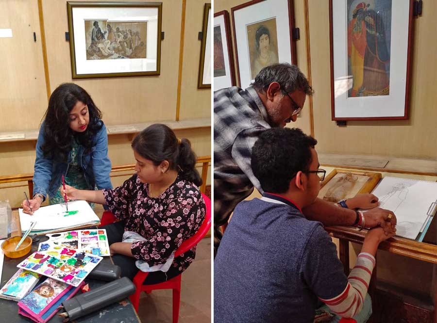 Children participate in an art workshop titled ‘Soulful Silence’ at the Indian Museum on Monday. Every Monday, the Textile and Decorative Art Gallery and the Painting Gallery are opened up for children with special needs