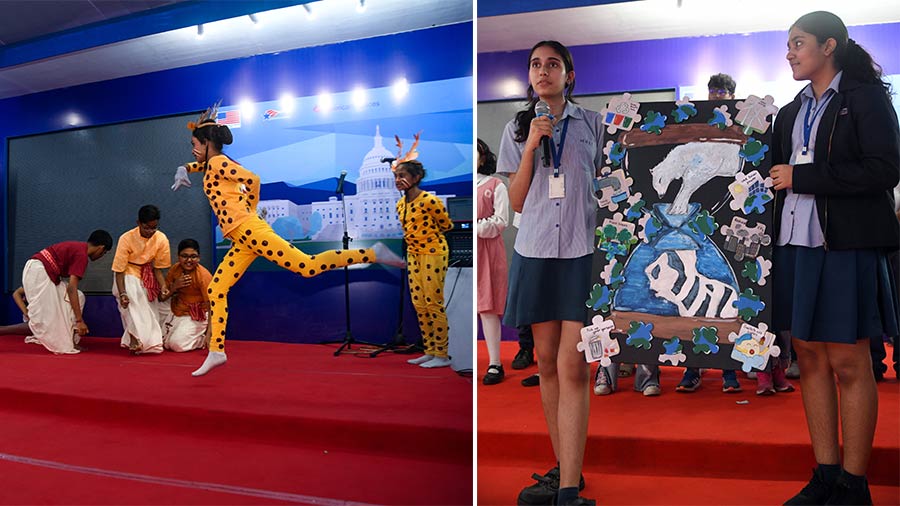 (Left) Students of BDM International performed a dance showcasing the Sunderbans and its contribution during natural disasters. (right) Students of Modern High School International made a painting highlighting the missing links in climate action through jigsaw puzzles.