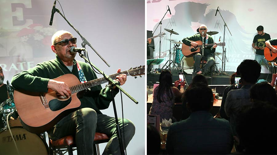 Anjan Dutt was accompanied on stage by (L-R) Amyt Datta, Prasanto Mahato and his brother Neel Dutt. 