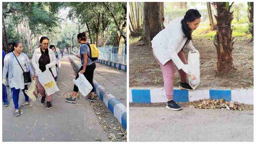 Members of the plogging group pick up plastic waste at Rabindra Sarobar on Tuesday morning