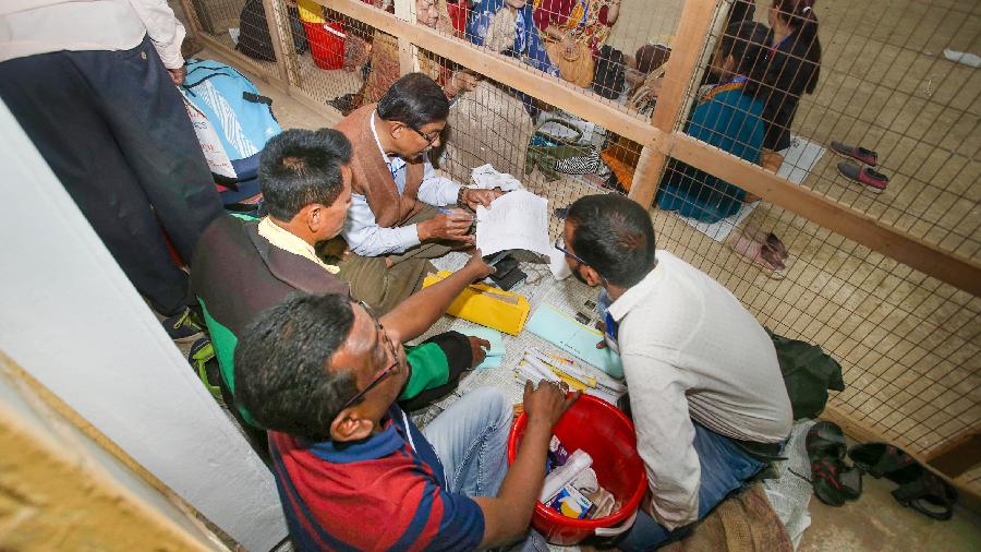  Polling officials check election materials after collecting them from a distribution centre. The CPI(M) is contesting 47 seats and the Congress 13 constituencies. The TMC has fielded nominees in 28 constituencies. Apart from that, there are 58 independent aspirants in the fray.