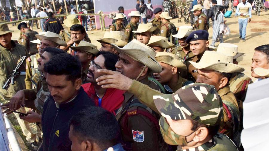 Security personnel search lists for their elections duty schedule at a distribution centre ahead of the Tripura Assembly elections. The BJP is contesting 55 assembly seats, and its ally IPFT has fielded candidates in six constituencies. The two parties will be having a be friendly fight in one seat.