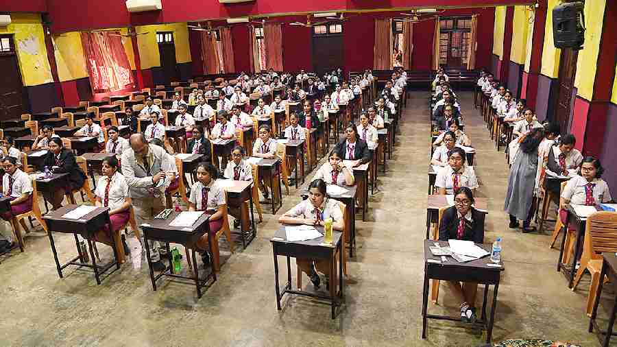 Students at Calcutta Girls’ High School appear for the first ISC paper on Monday. 