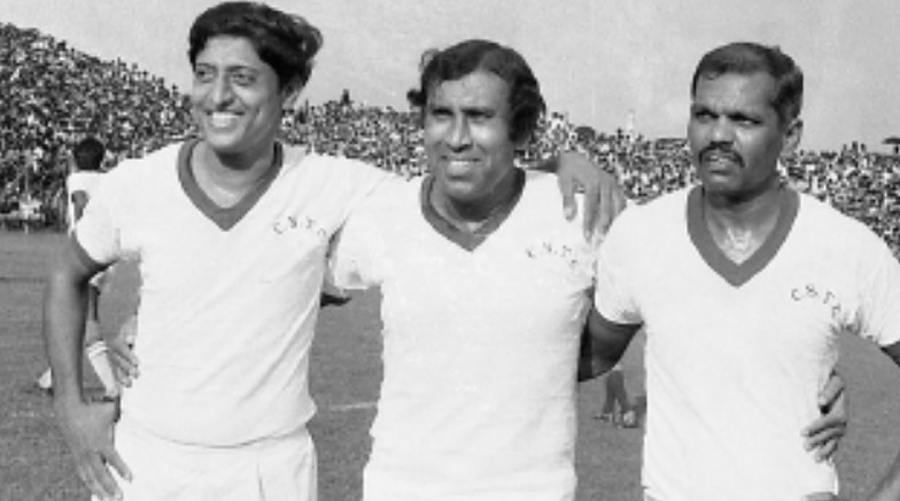 (From left) Chuni Goswami, PK Banerjee and Tulsidas Balaram during an exhibition match.