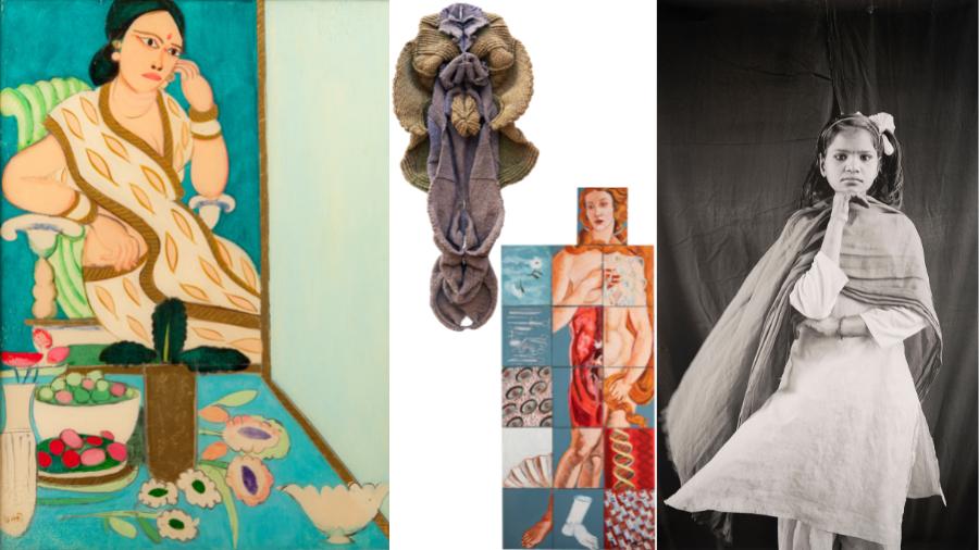 Visible/Invisible: Representations of Women in Art: (L-R) ‘Woman in The Blue Room’ by KG Subramanyan, 1981; ‘Naag’ by Mrinalini Mukherjee, 1986; ‘Reconstructing Venus’ by M Shanthamani, 2004; and ‘Rampyari’ (Balika Mela series) by Gauri Gill, Bikaner, 2003-2010