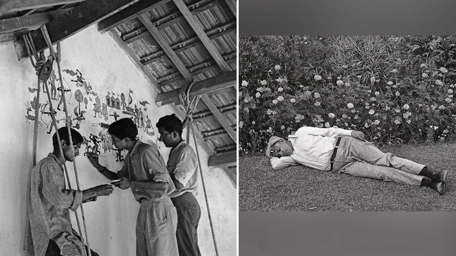 Photographs by Jyoti Bhatt: (left) painting a mural in a house in Gujarat, 1958, and (right) Bhupen Khakhar at the Sayaji Baug Garden, Baroda, 1983