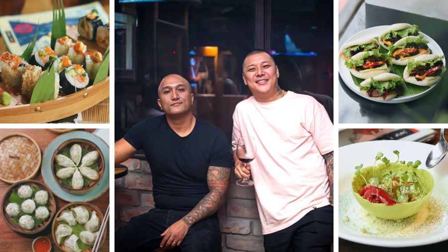 (Centre) Pravakar Yonzone and Reevu Wangdi, the creative directors of Momo I Am. The Himalayan and Asian kitchen, which has completed 10 years in the city is known for dishes like (clockwise from top left) Sushi Boat, Pork Short Ribs Bao, Japanese Green Garden dessert and momos