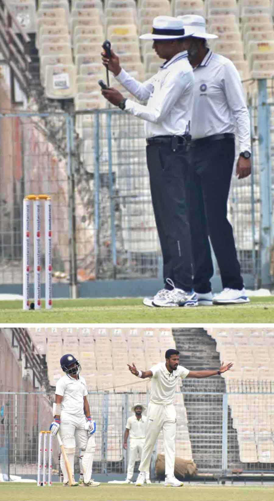 Umpires use a light meter to check the light conditions on the second day of the Ranji Trophy final between Bengal and Saurashtra at the Eden Gardens on Friday February 17. Ishan Porel took Sheldon Jackson’s wicket for Bengal before Saurashtra closed the day at 317/5 in 87 overs. Arpit Vasavada and Chirag Jani of Saurashtra will return to the crease on the third day.