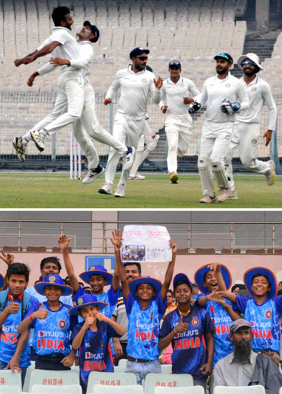 (Top) Saurashtra's bowler Jaydev Unadkat celebrates with teammates after the wicket of Bengal's batter Sudip Kumar Gharami during the 3rd day of Ranji Trophy final cricket match between Bengal and Saurashtra, at Eden Gardens in Kolkata on Saturday. At stumps on Day 3,Bengal trail by 61 runs. (Bottom) Young fans cheer the players from the stands