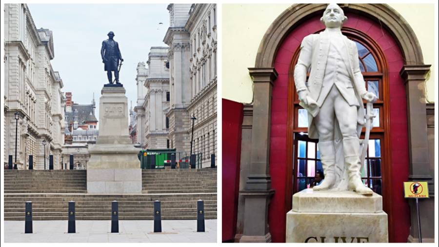 The statue of Robert Clive in London and (right) at the Victoria Memorial