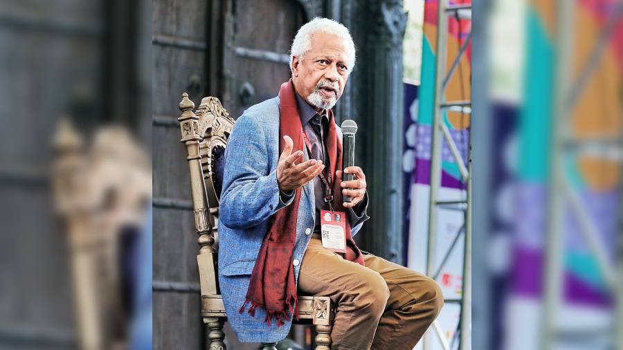 Tanzanian-British novelist Abdulrazak Gurnah speaks at a session at the Jaipur Literature Festival