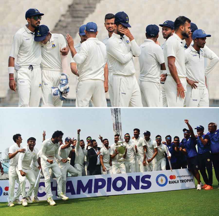 Bengal players dejected after losing the Ranji Trophy final to Saurashtra at the Eden Gardens on Sunday February 19. Saurashtra won by nine wickets to emerge as the champion