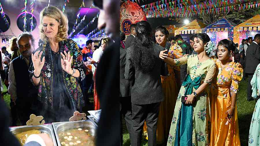 (L-R)Andrea Jeske, German deputy consul general in Calcutta, takes a moment to deliberate on her food choices, Students did a Mexican-theme fashion show and were dressed in traditional Mexican attire. We loved snapping these girls taking a self