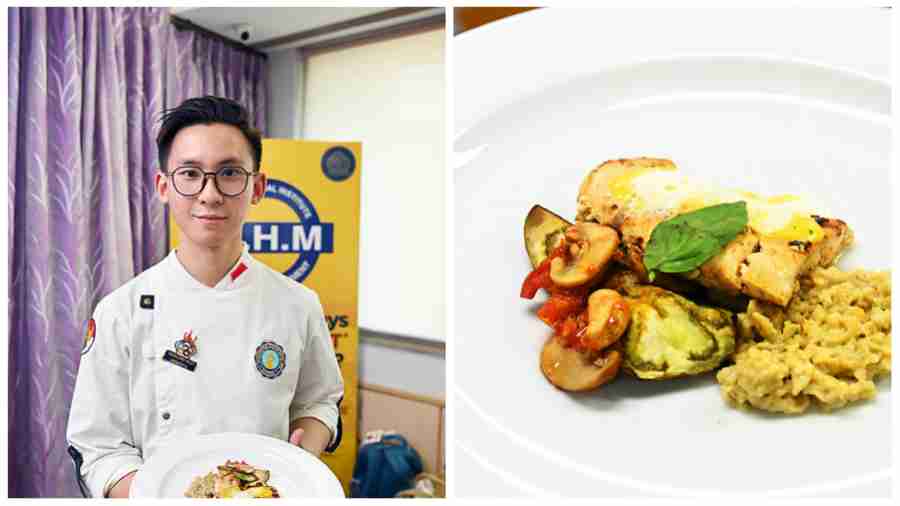 Willy Linardy from Indonesia, a participant in Group A, made Pan-seared Chicken with Dijon Mayonnaise, Grilled Vegetables with Tomato Concasse and Buttered Spaetzle. “I’m really excited about participating in this competition. I’m testing my own limits by facing a challenge in this competition,” said Willy