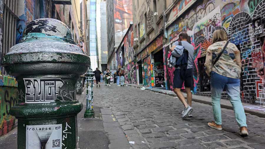 Hundreds of tourists walk down the cobbled laneway every day to see the colourful creations on the walls and windows, ‘wheelie’ bins and drain pipes